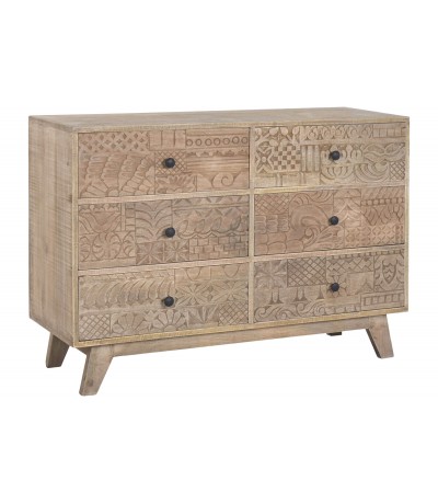 Cómoda de madera tallada con 6 cajones y acabado natural boho