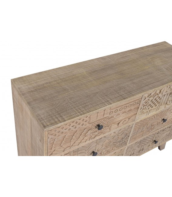 Cómoda de madera tallada con 6 cajones y acabado natural boho 2