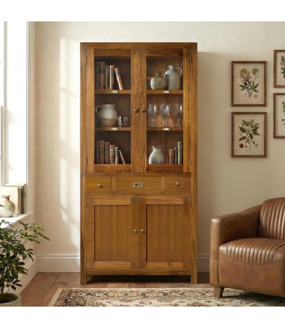 Vitrina colonial de madera maciza con puertas de cristal y cajones Mdmhogar