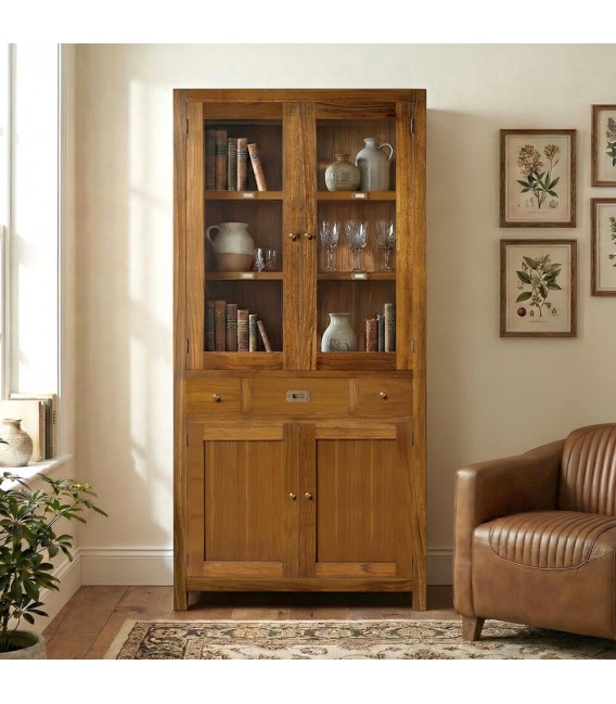 Vitrina colonial de madera maciza con puertas de cristal y cajones Mdmhogar