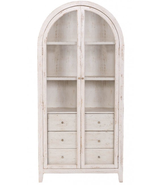 Vitrina boho de madera de mango blanco rozado con 2 puertas 1