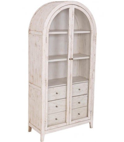 Vitrina boho de madera de mango blanco rozado con 2 puertas