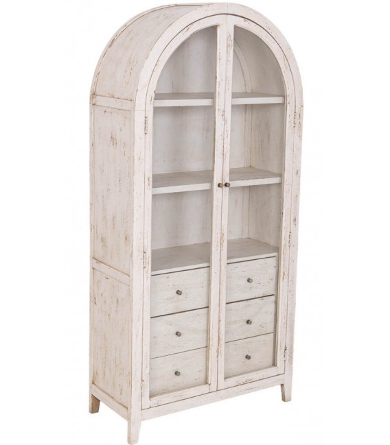 Vitrina boho de madera de mango blanco rozado con 2 puertas