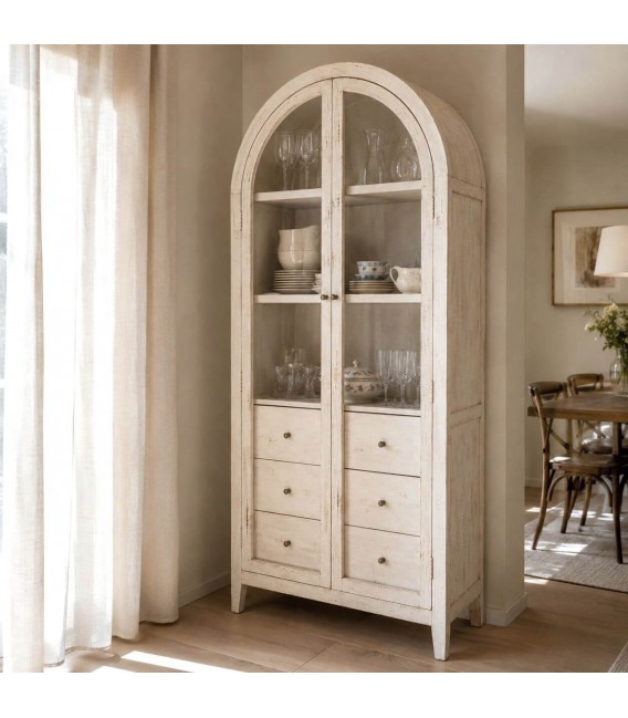Vitrina boho de madera de mango blanco rozado con 2 puertas Mdmhogar