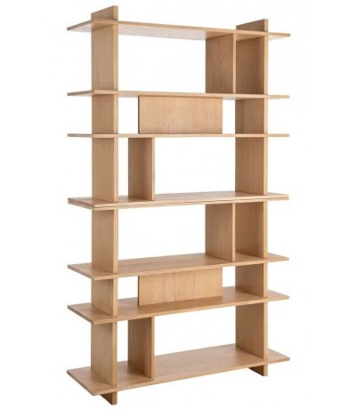 Estantería de madera maciza de caucho con acabado natural.