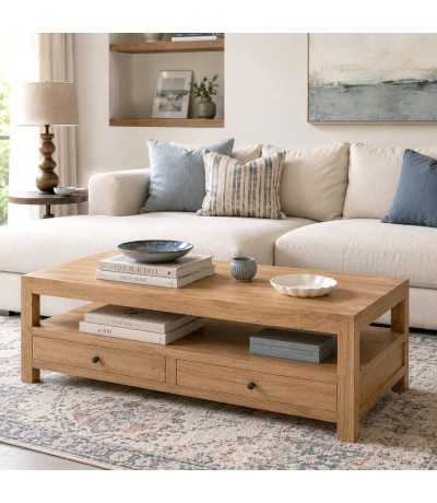 Mesa de centro rectangular madera maciza de mindi natural 2 cajones Mdmhogar