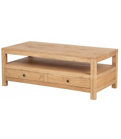 Mesa de centro rectangular madera maciza de mindi natural 2 cajones