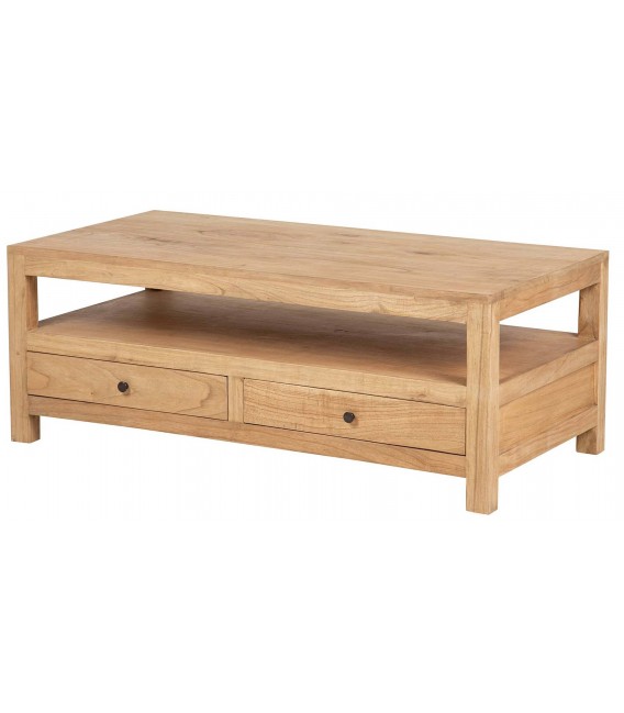 Mesa de centro rectangular madera maciza de mindi natural 2 cajones