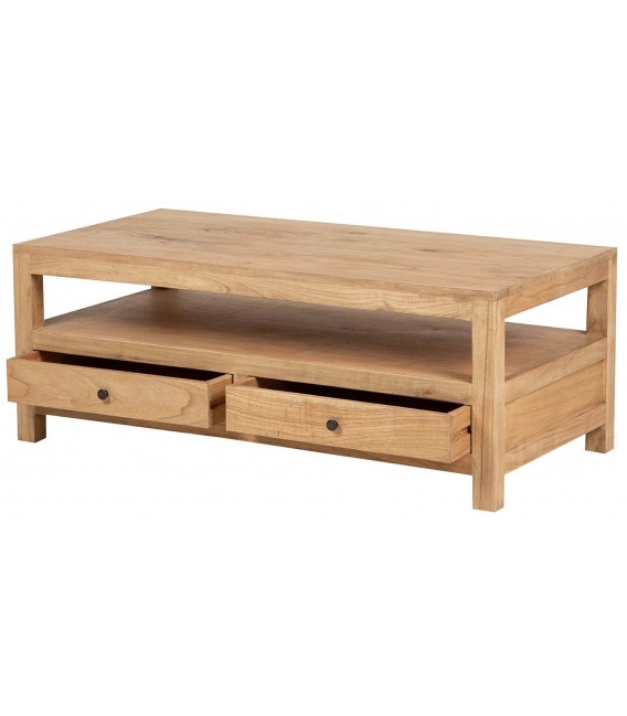 Mesa de centro rectangular madera maciza de mindi natural 2 cajones 2