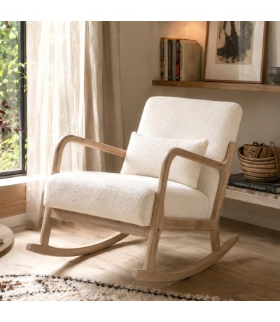 Sillón de lactancia mecedora en madera natural y bouclé blanco. Mdmhogar