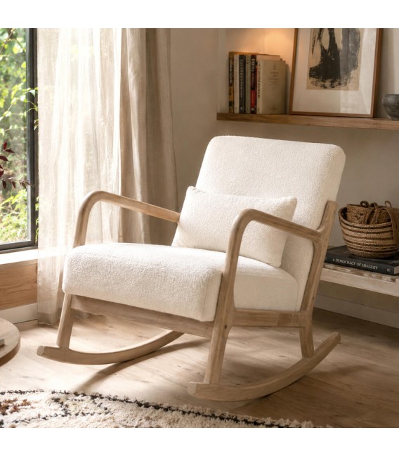Sillón de lactancia mecedora en madera natural y bouclé blanco. Mdmhogar