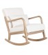 Sillón de lactancia mecedora en madera natural y bouclé blanco.