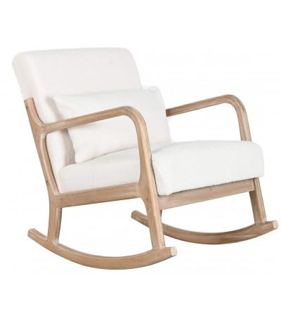 Sillón de lactancia mecedora en madera natural y bouclé blanco.