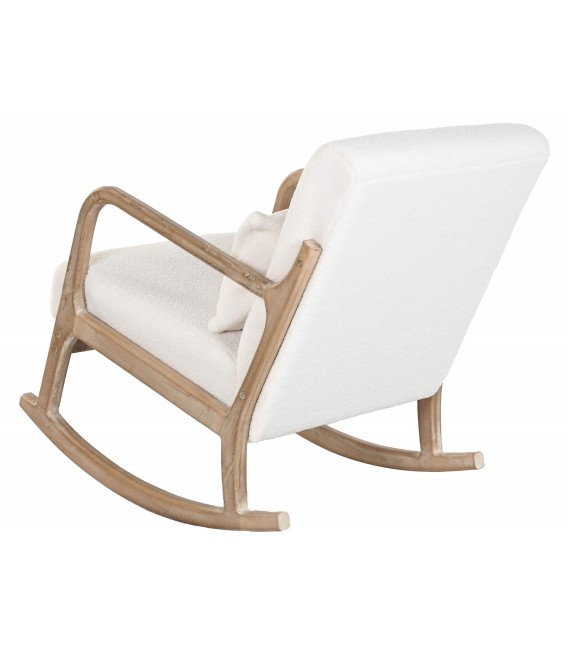 Sillón de lactancia mecedora en madera natural y bouclé blanco. 2