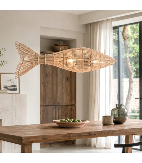 Lámpara XL de ratán trenzado artesanal en forma de pez, 2 luces. Mdmhogar