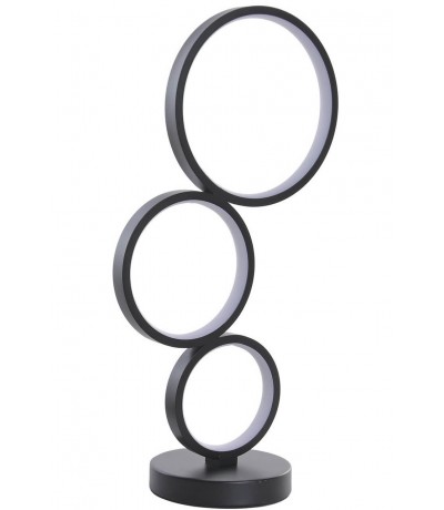 Lámpara de sobremesa LED negra tres aros luminosos y diseño moderno.