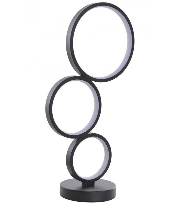 Lámpara de sobremesa LED negra tres aros luminosos y diseño moderno.
