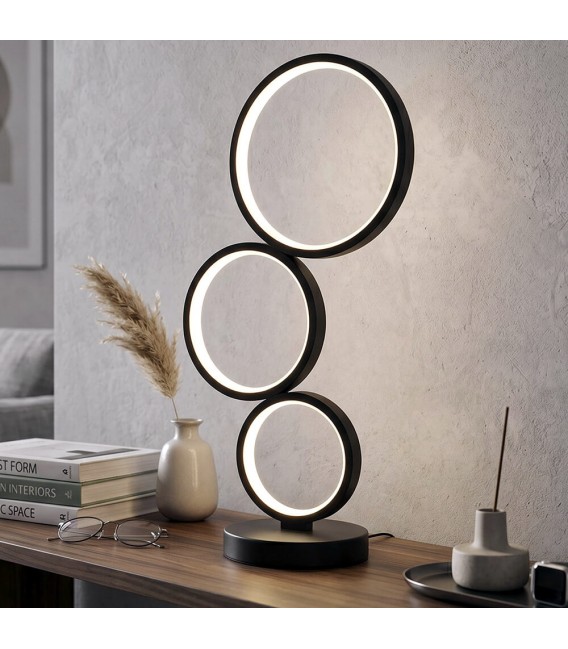 Lámpara de sobremesa LED negra tres aros luminosos y diseño moderno. Mdmhogar