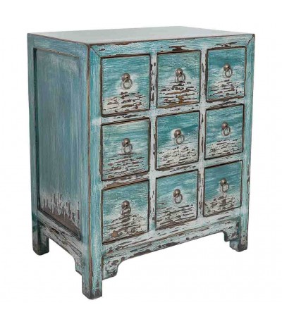 Cómoda pequeña de olmo decapado azul nueve cajones y estilo oriental.