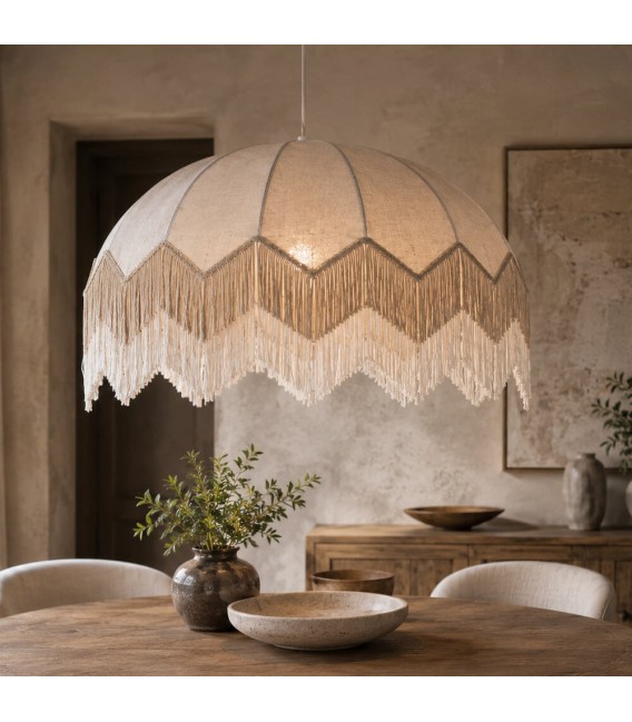 Lámpara de techo grande lino beige con pasamanería, flecos bicolor. Mdmhogar