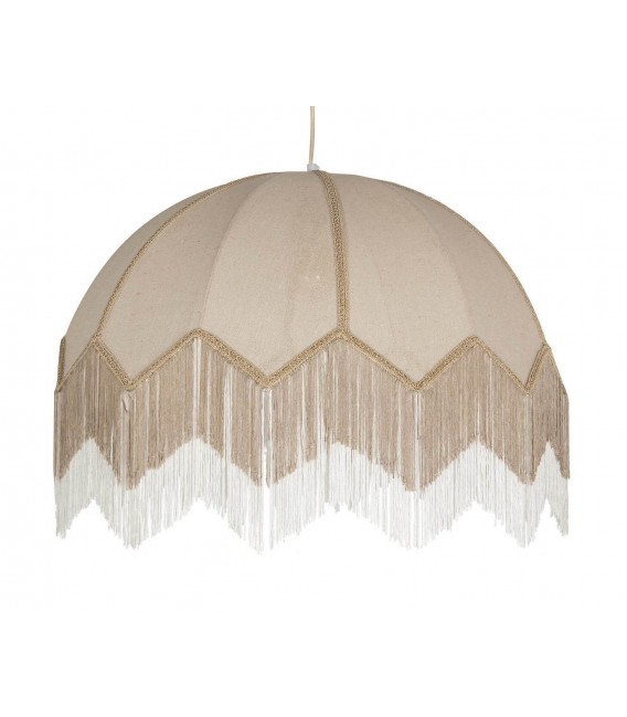 Lámpara de techo grande lino beige con pasamanería, flecos bicolor.