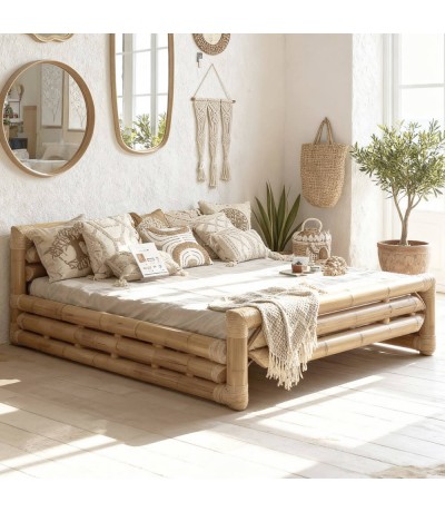 Cama XL de bambú natural para colchón de 180 x 200 de estilo oriental. Mdmhogar