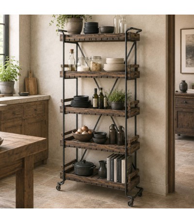 Estantería con ruedas madera color nogal y metal negro con 5 estantes. Mdmhogar