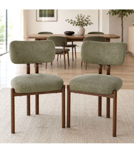Set de 2 sillas de comedor en chenilla verde y metal imitación nogal. Mdmhogar