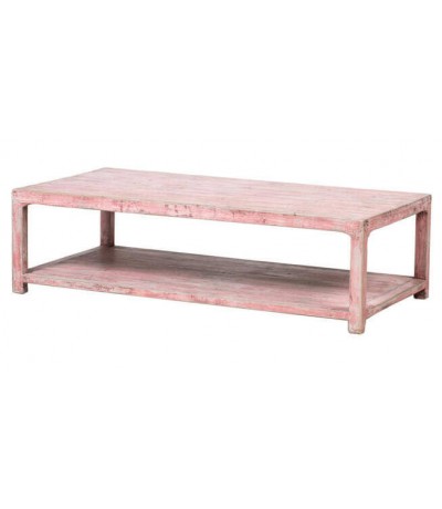 Mesa de centro rectangular XXL madera maciza pino decapada rosa.