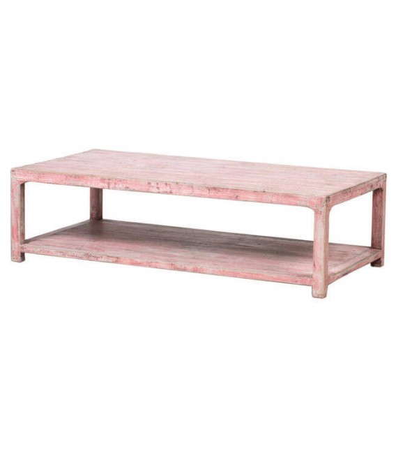 Mesa de centro rectangular XXL madera maciza pino decapada rosa.