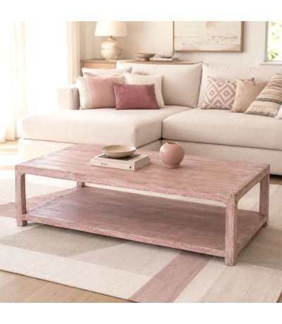 Mesa de centro rectangular XXL madera maciza pino decapada rosa. Mdmhogar