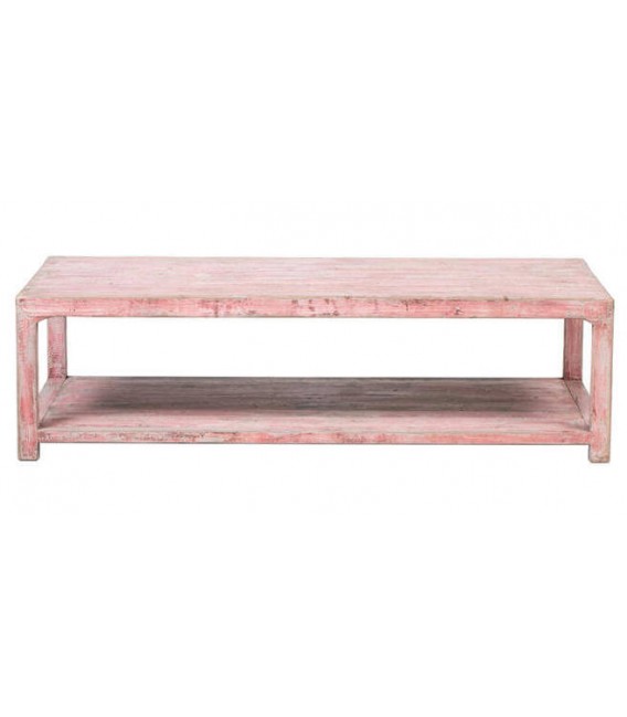 Mesa de centro rectangular XXL madera maciza pino decapada rosa. 1