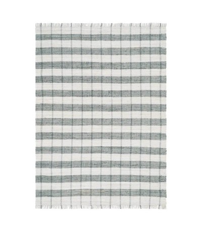 Alfombra rectangular grande tejida a mano blanco y gris con flecos.