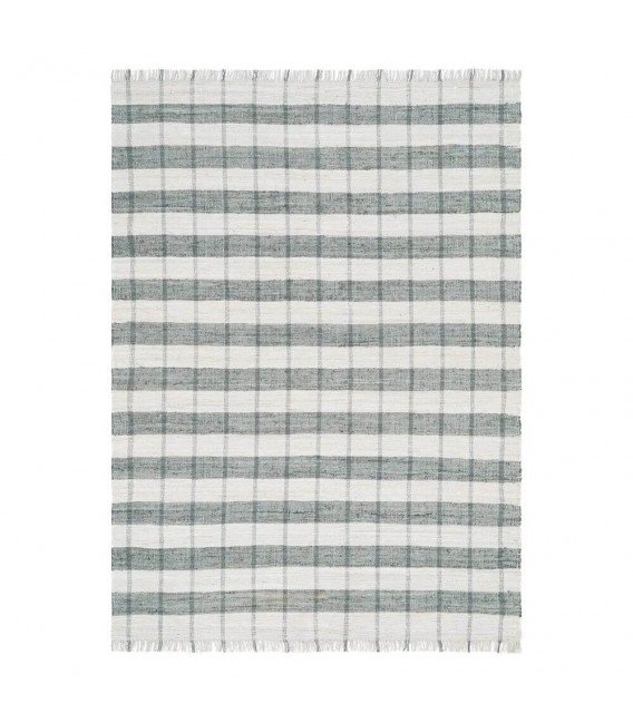 Alfombra rectangular grande tejida a mano blanco y gris con flecos.