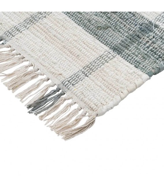 Alfombra rectangular grande tejida a mano blanco y gris con flecos. 1