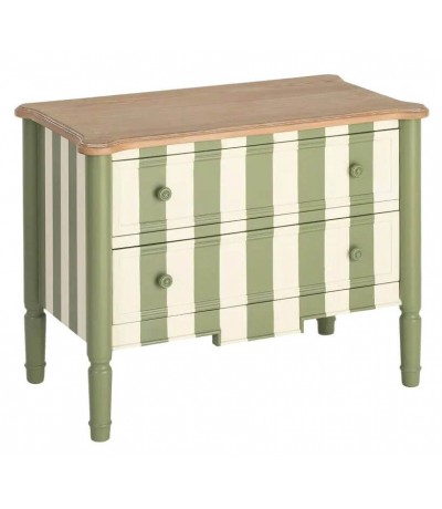 Cómoda pequeña  2 cajones madera de abeto, decorada verde y beige.