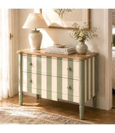 Cómoda pequeña  2 cajones madera de abeto, decorada verde y beige. Mdmhogar