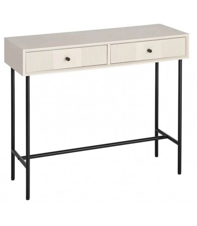 Consola de entrada con 2 cajones en madera blanca y metal negro.