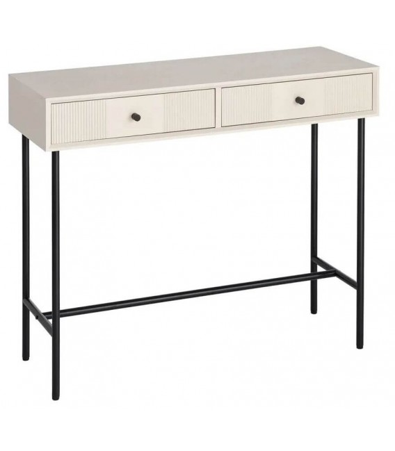 Consola de entrada con 2 cajones en madera blanca y metal negro.