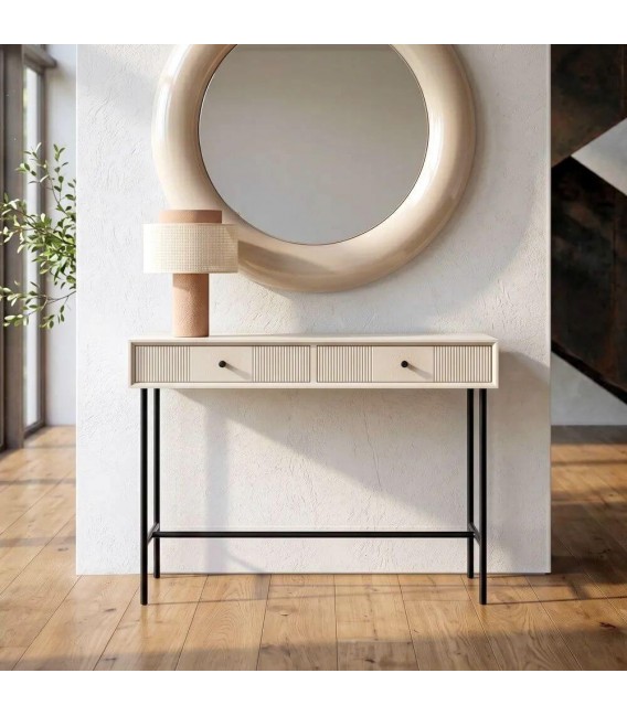 Consola de entrada con 2 cajones en madera blanca y metal negro. Mdmhogar