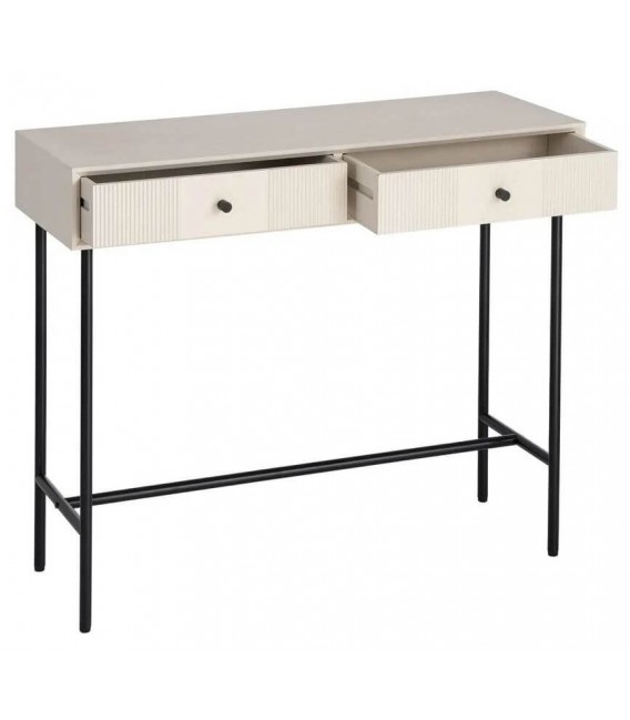 Consola de entrada con 2 cajones en madera blanca y metal negro. 1