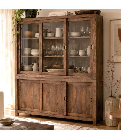 Vitrina XXL de madera nogal con 3 puertas de cristal y 3 de madera. Mdmhogar