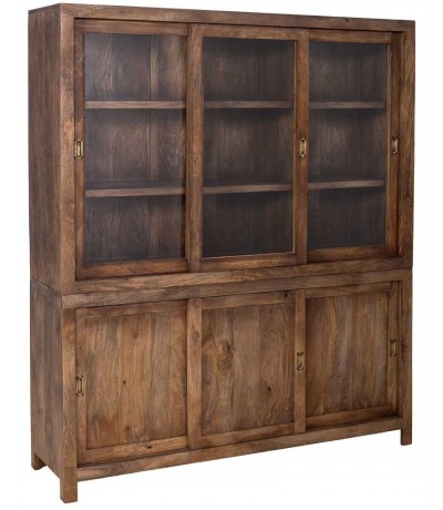 Vitrina XXL de madera nogal con 3 puertas de cristal y 3 de madera.