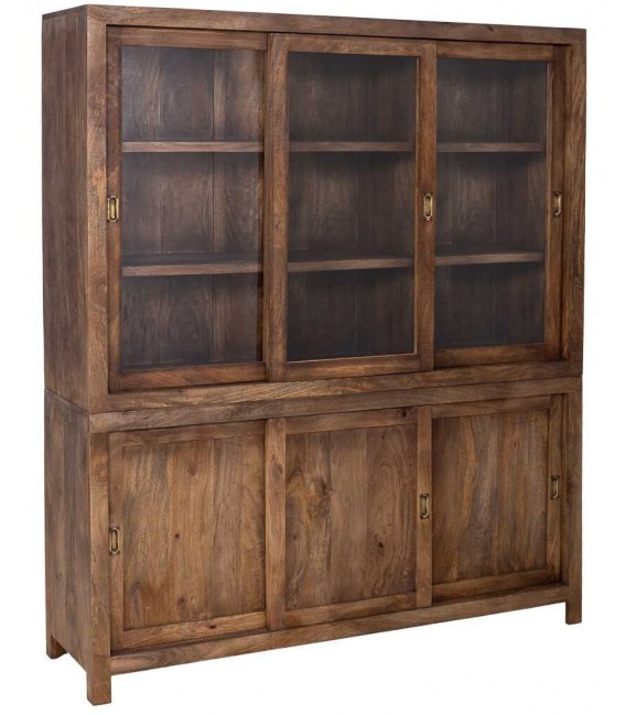 Vitrina XXL de madera nogal con 3 puertas de cristal y 3 de madera.