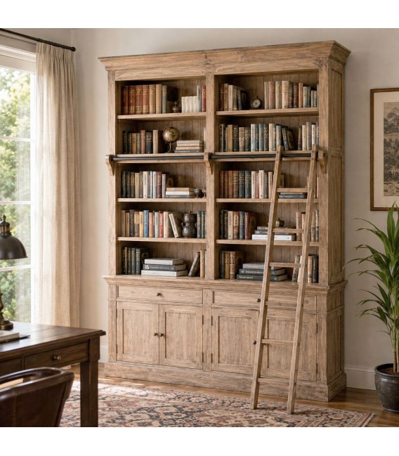 Librería XXL colonial madera maciza mango con escalera y almacenaje. Mdmhogar