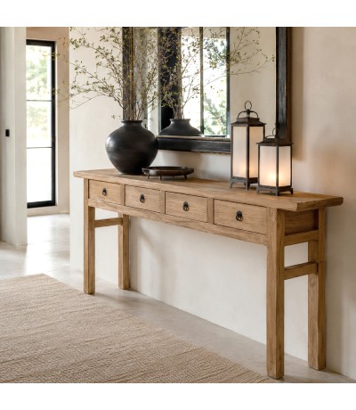 Consola de entrada XL oriental en madera maciza de olmo con 4 cajones. Mdmhogar