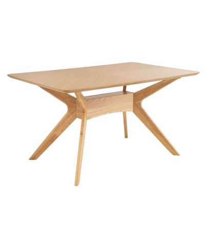 Mesa comedor rectangular roble natural con tapa plumeada decorativa.