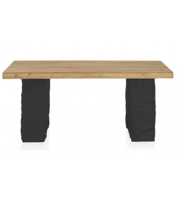 Mesa rectangular con tapa natural y patas efecto roca negra. 1