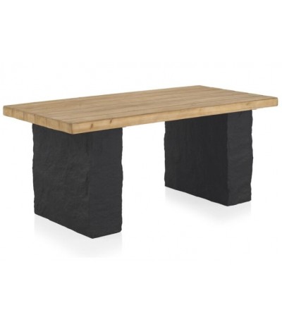 Mesa rectangular con tapa natural y patas efecto roca negra.