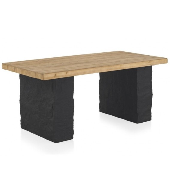 Mesa rectangular con tapa natural y patas efecto roca negra.